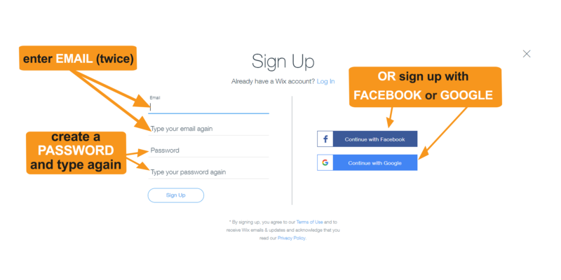Wix website builder sign up page